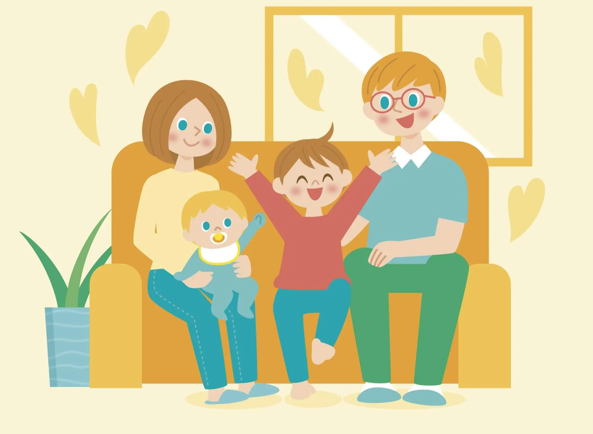 Happy family sitting on a couch with parents and two young children, representing a supportive parenting environment.