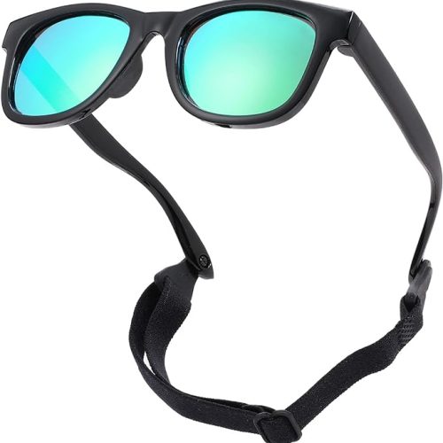 Green lens baby sunglasses with adjustable strap.