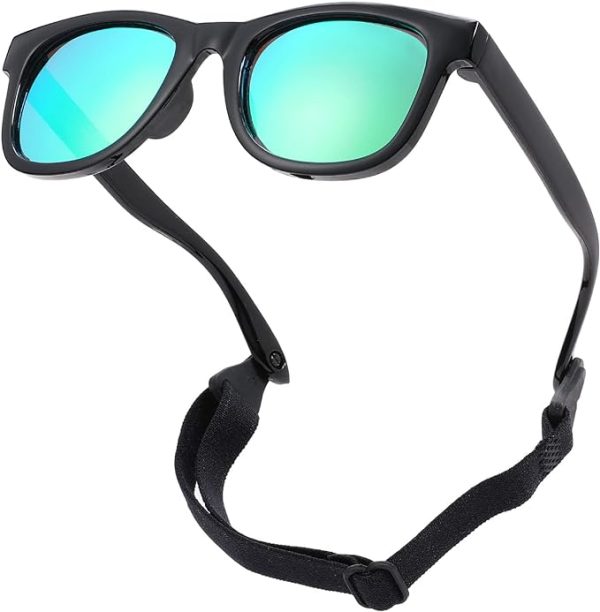 Green lens baby sunglasses with adjustable strap.