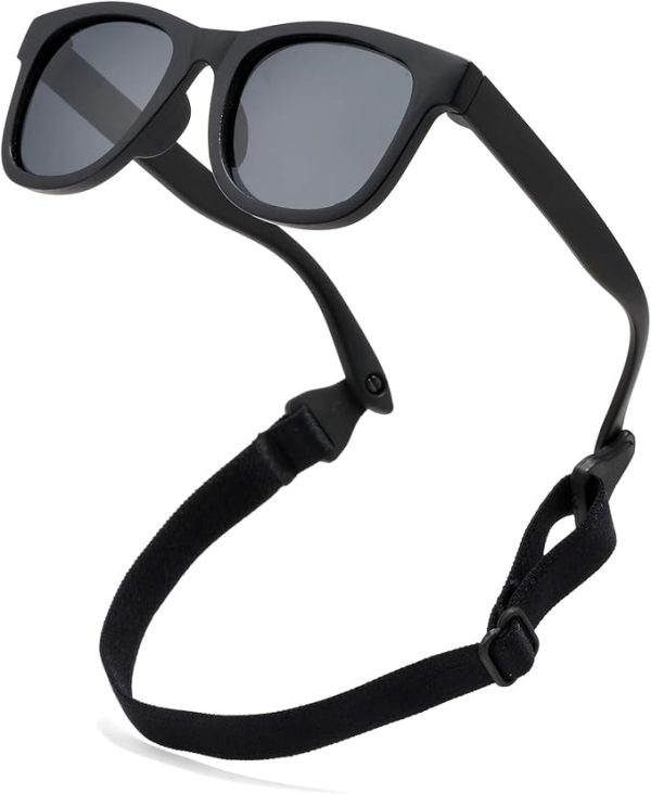 Black polarized baby sunglasses with adjustable strap.