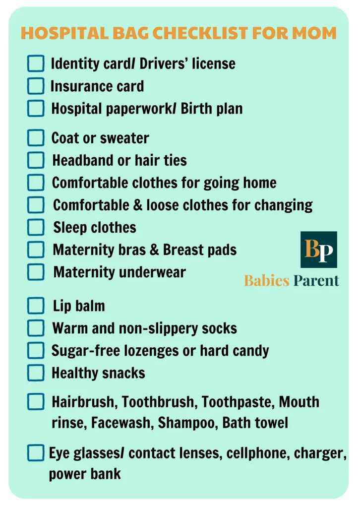 Checklist packing a hospital bag for mom