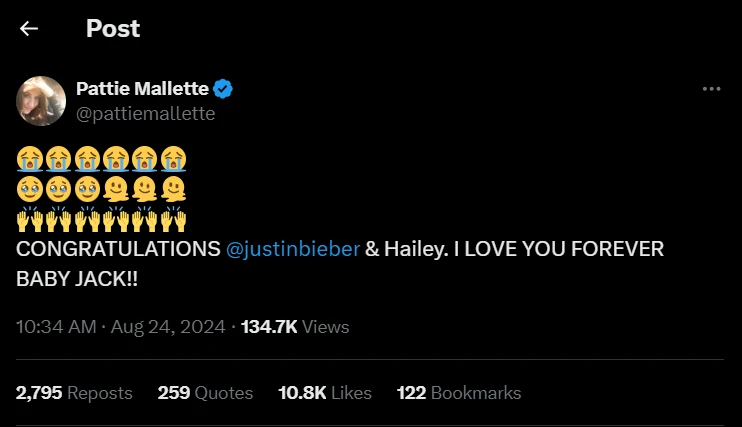 The congratulations from Justin Bieber’s mother on X