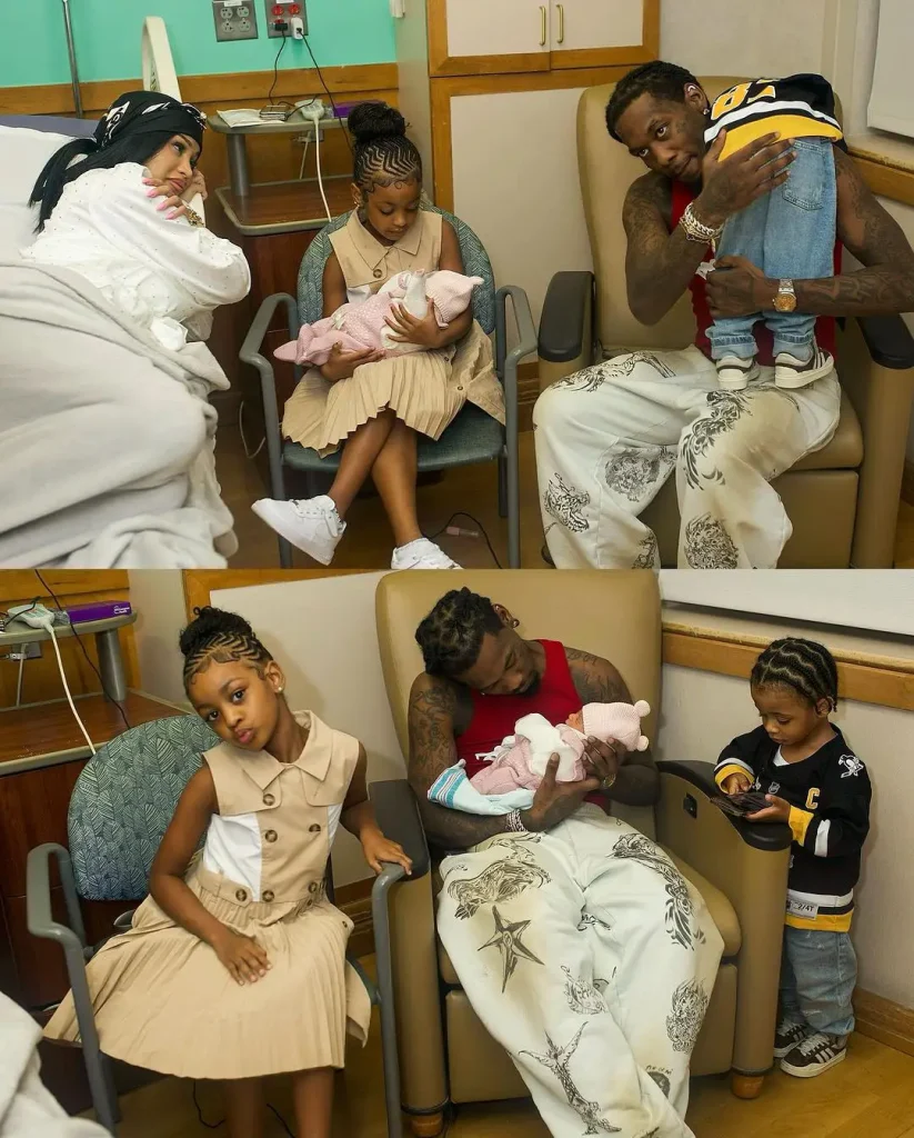 A photo Offset appeared next to Cardi’s bed with two common children, their daughter Kulture and son Wave