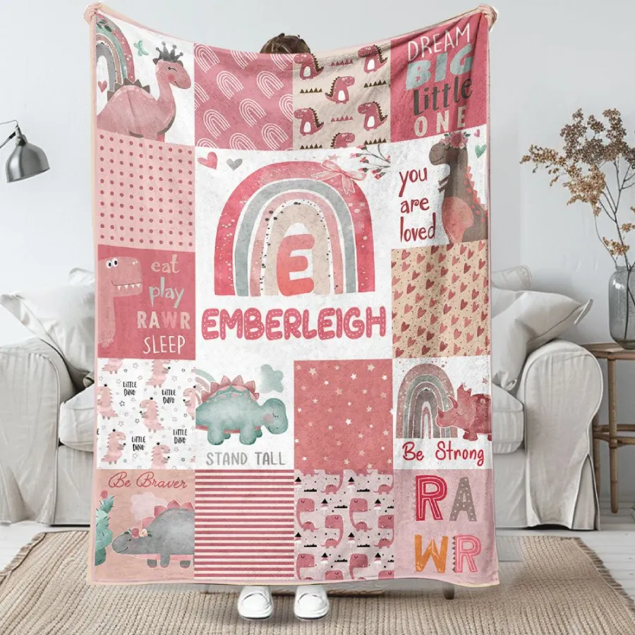 Amarebox Custom Name Baby Blanket Dinasour