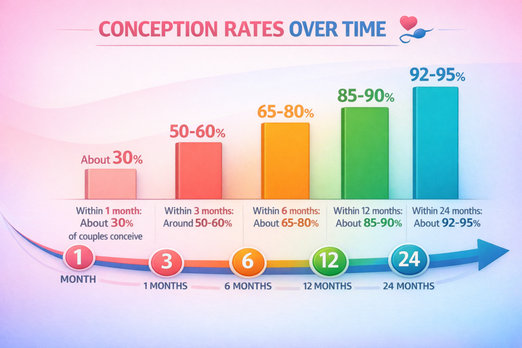 Infographic showing pregnancy timeline: 30% conceive in 1 month, 85-90% within 12 months