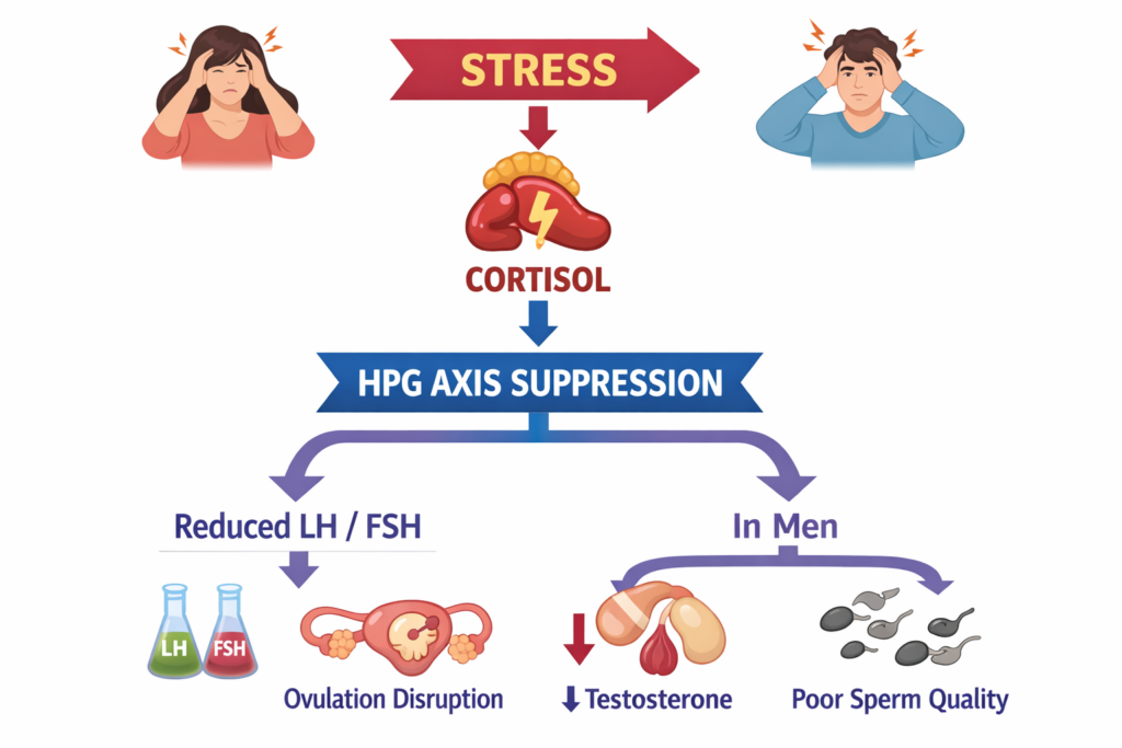 A simple, clean diagram showing the hormone pathway: Stress - Cortisol - HPG axis suppression - reduced LH/FSH - ovulation disruption in women / lower testosterone and sperm quality in me