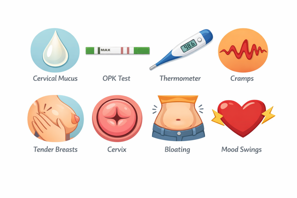 Infographic-style illustration: 8 icons representing each ovulation sign โ cervical mucus drop, OPK strip, thermometer, cramp wave, breast, cervix, bloating belly, heart โ arranged in a clean grid