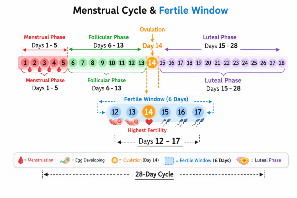 Simple diagram of the menstrual cycle showing the menstrual phase, follicular phase, ovulation, and luteal phase, with the 6-day fertile window clearly highlighted