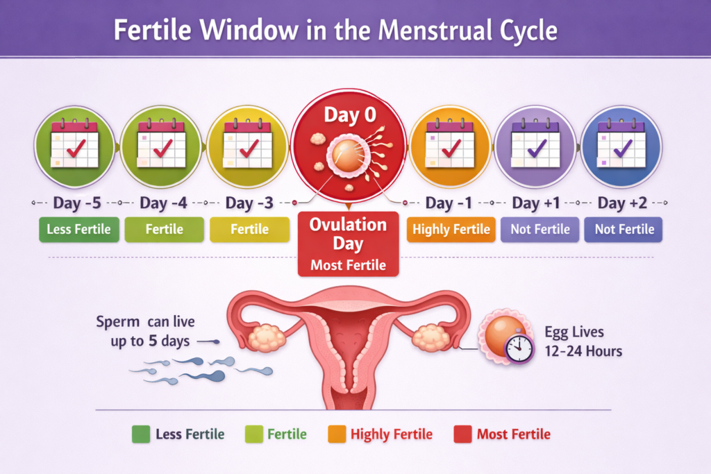 Diagram of fertile window showing 5 days before ovulation and ovulation day in a menstrual cycle