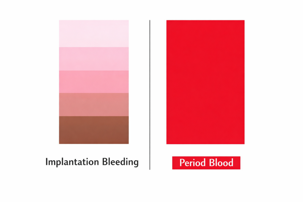 A simple color chart showing a light pink-to-brown gradient labeled "implantation bleeding" next to a bright red swatch labeled "period blood" - visual comparison guide
