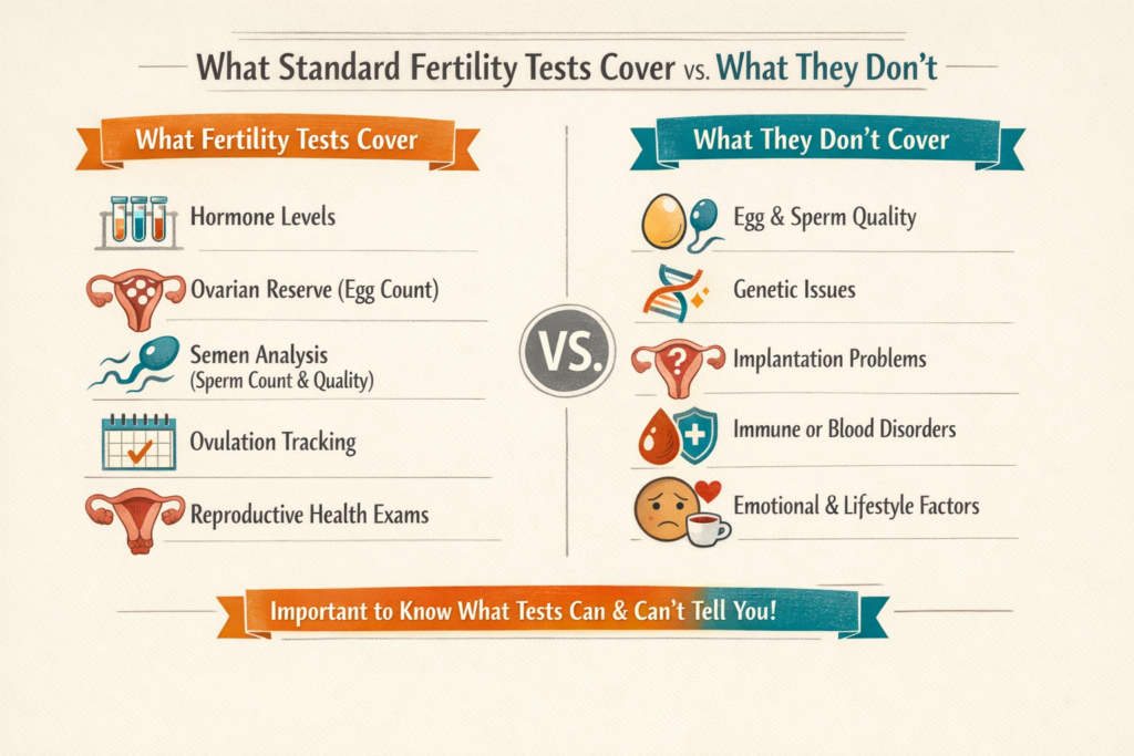 clean educational infographic showing "what standard fertility tests cover vs what they don't"
