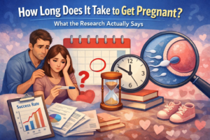 How long it takes to get pregnant illustration showing couple with pregnancy test, ovulation calendar, sperm and egg research concept