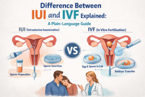 A clean, educational side-by-side illustration of IUI (catheter into uterus) vs IVF (eggs, lab dish, and embryo transfer)