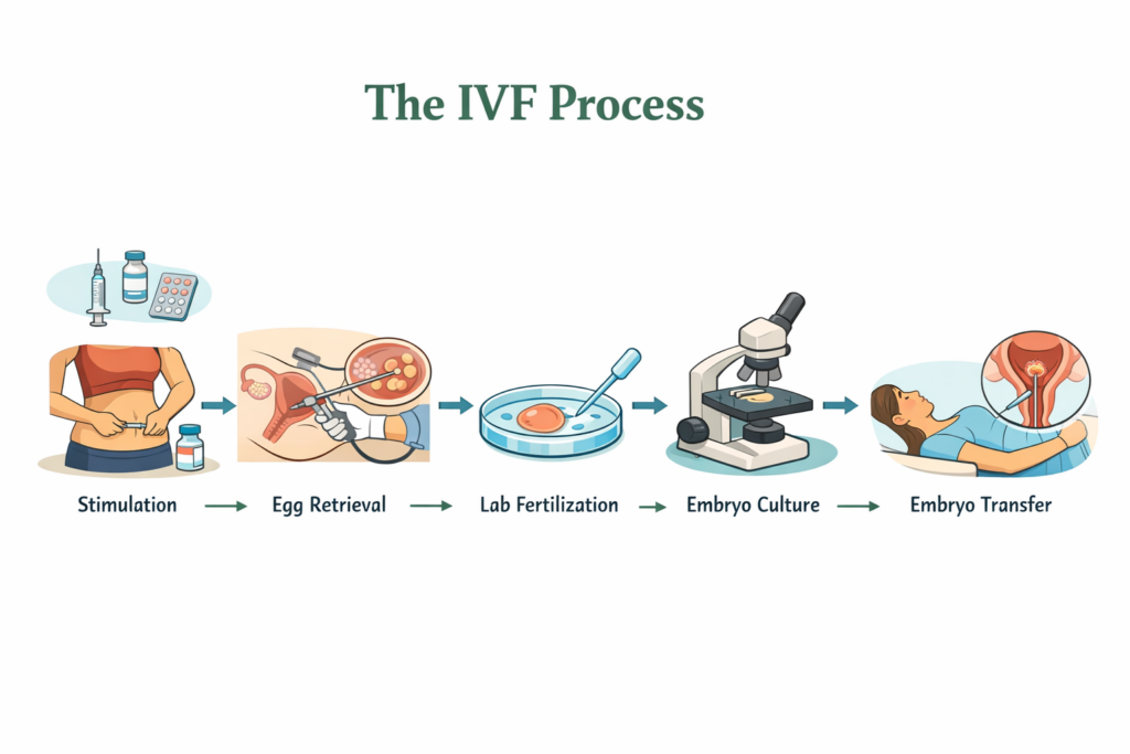 A clean illustrated diagram of the IVF process: stimulation, egg retrieval, lab fertilization, embryo culture, embryo transfer - educational style