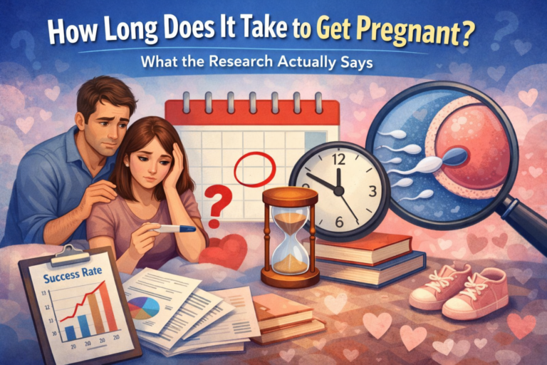 How long it takes to get pregnant illustration showing couple with pregnancy test, ovulation calendar, sperm and egg research concept