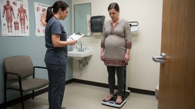 pregnant woman standing on a bathroom scale during a routine prenatal weight check