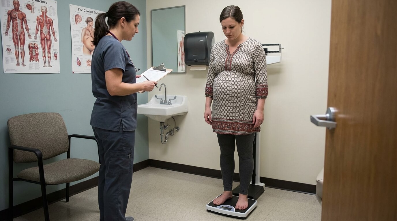 pregnant woman standing on a bathroom scale during a routine prenatal weight check