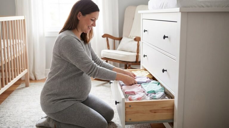 pregnant woman at 32 weeks organizing folded baby clothes into a nursery dresser drawer