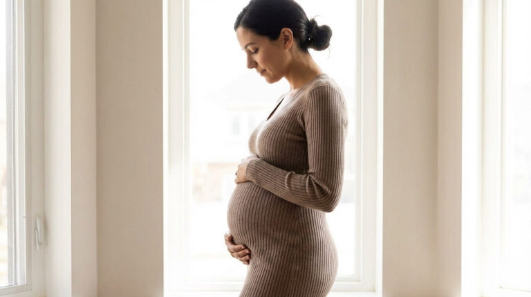 pregnant woman in profile view showing a visible baby bump at around 20 weeks gestation
