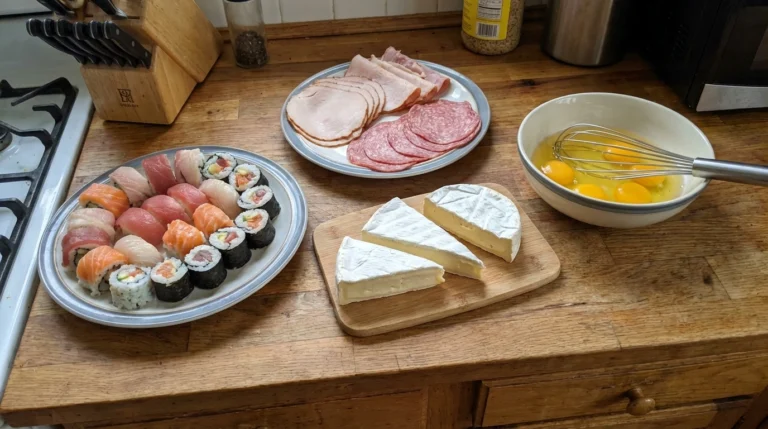 [variety of unsafe pregnancy foods including raw sushi deli meat soft cheese and raw eggs on a kitchen counter]