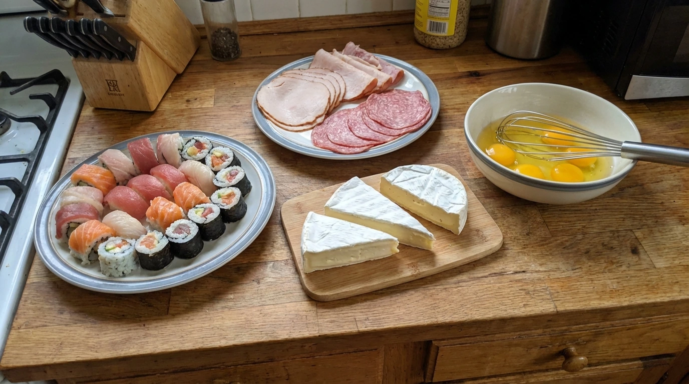 [variety of unsafe pregnancy foods including raw sushi deli meat soft cheese and raw eggs on a kitchen counter]