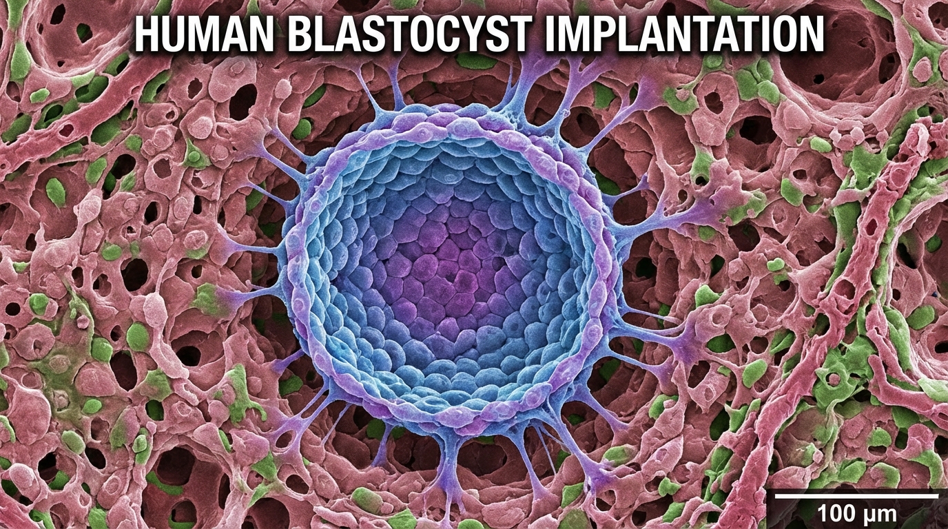 microscopic view of a human blastocyst attaching to the uterine wall during implantation