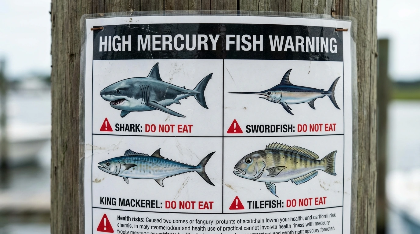close up of a high mercury fish warning chart showing shark swordfish king mackerel and tilefish