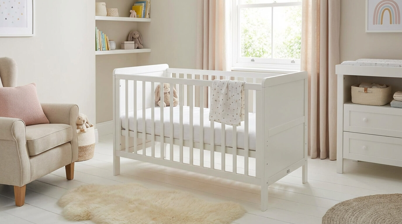 [nursery room with a white wooden crib and a firm fitted mattress ready for a newborn]