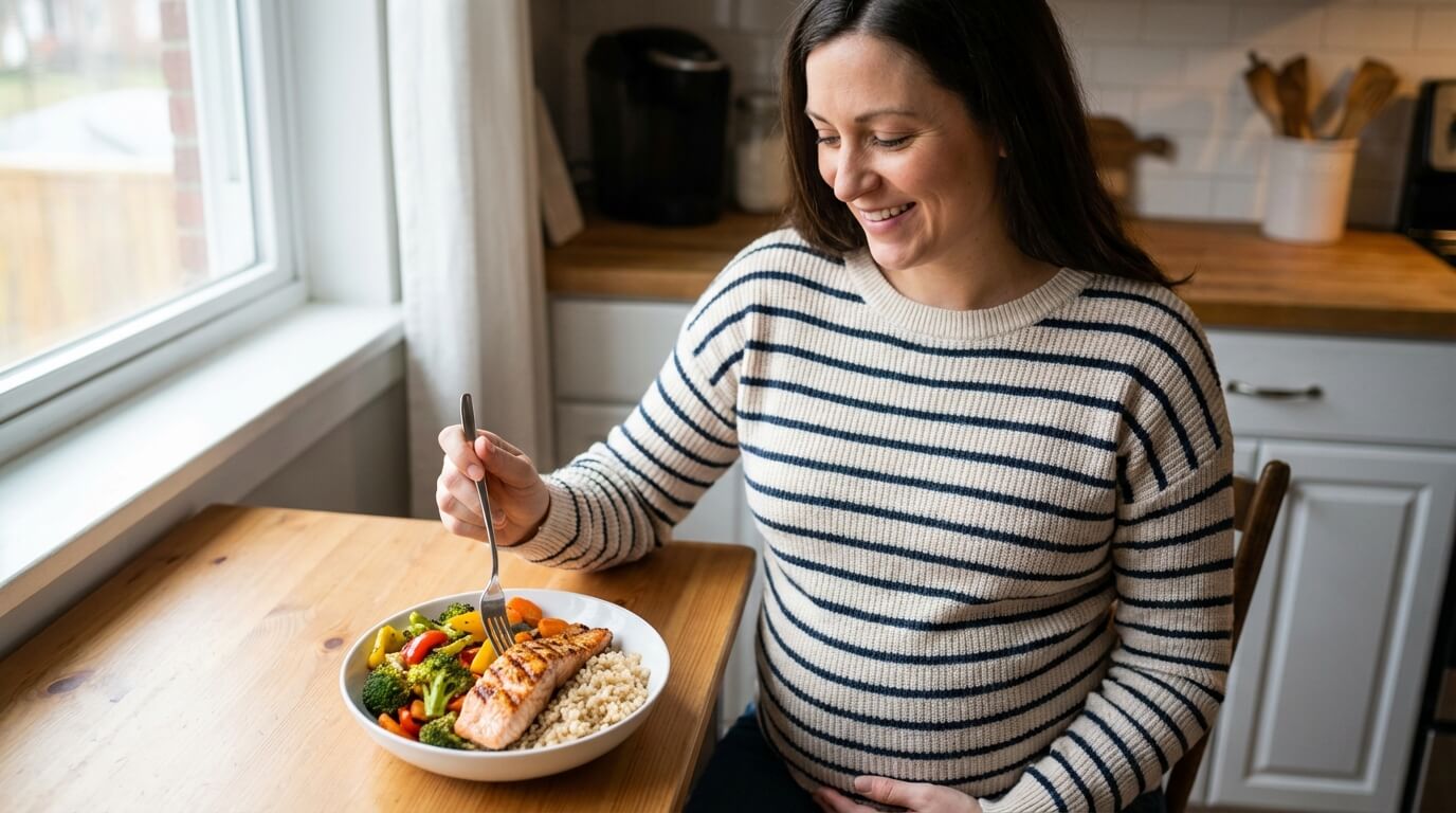 pregnant woman eating a balanced meal of grilled salmon vegetables and brown rice