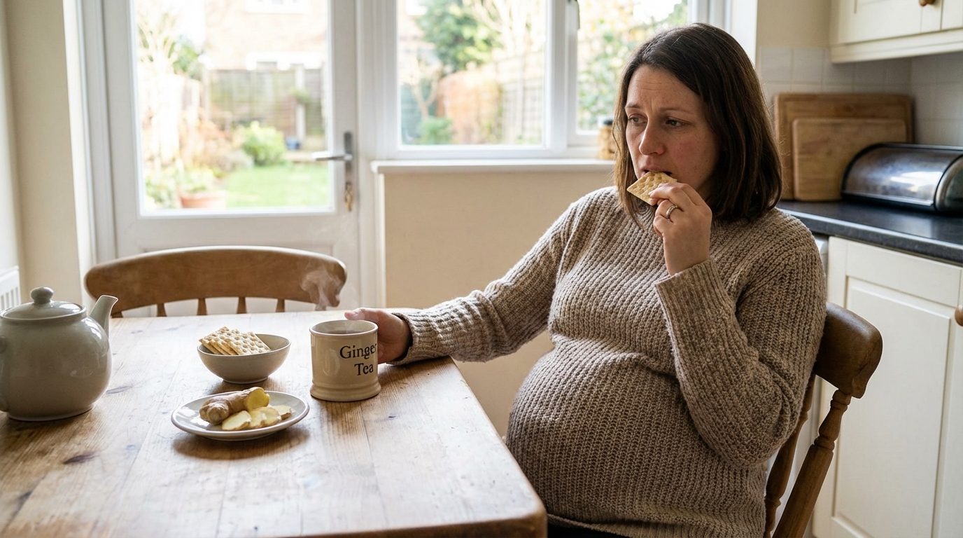 pregnant woman eating small crackers and sipping ginger tea to manage morning sickness