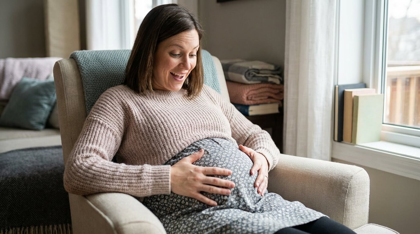 woman placing both hands on her round pregnant belly feeling the baby kick for the first time