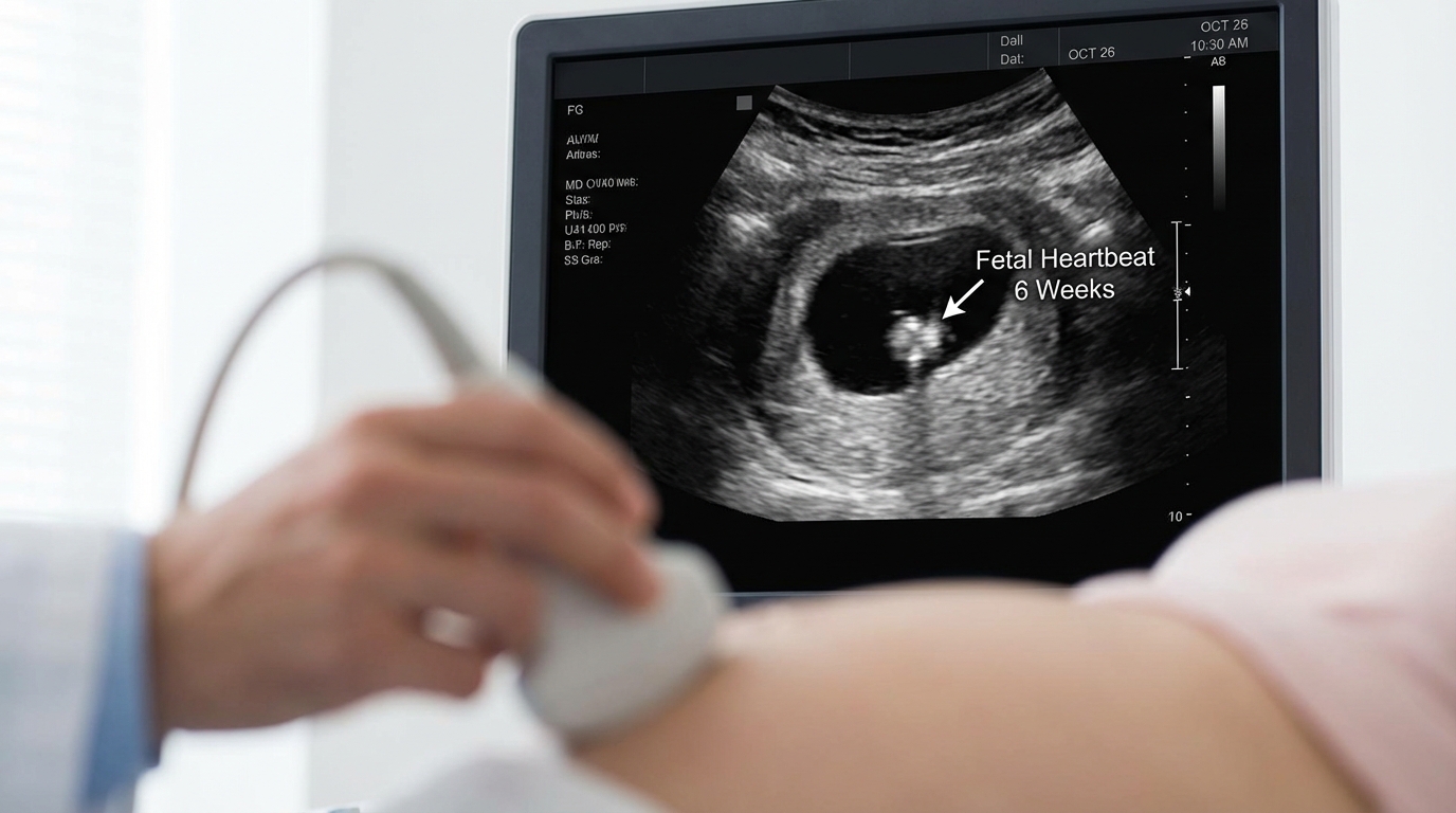 ultrasound screen showing a tiny flickering heartbeat at six weeks gestation
