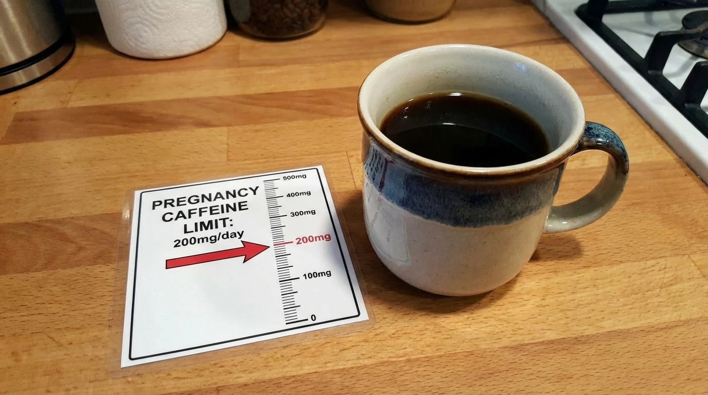 cup of coffee next to a measuring guide showing 200 milligrams caffeine limit during pregnancy