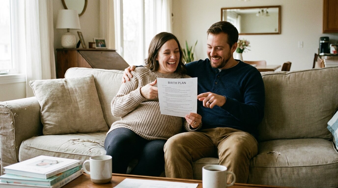 pregnant couple reviewing a printed birth plan document together on a couch
