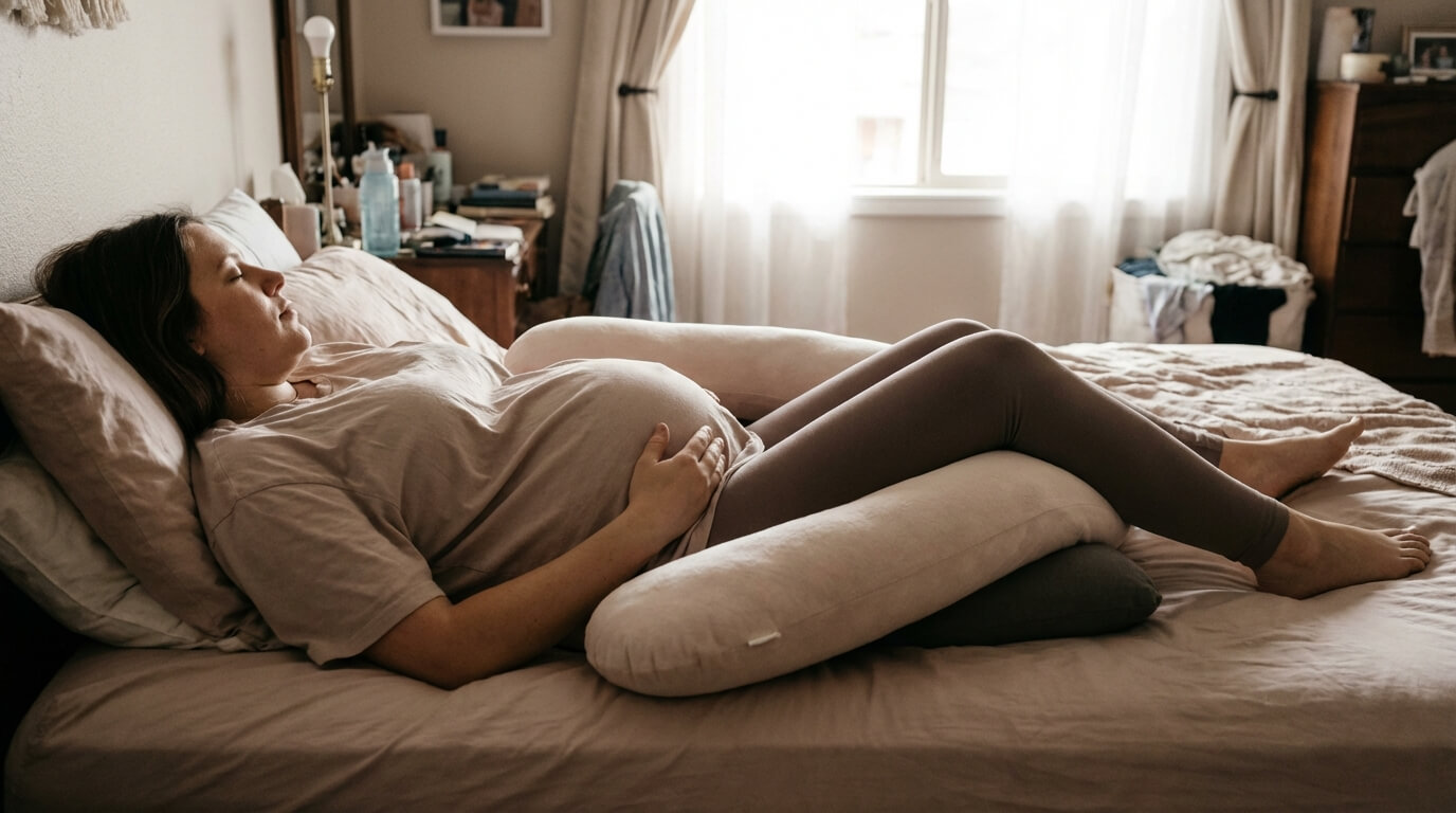 pregnant woman lying on her left side with a supportive pillow between her knees