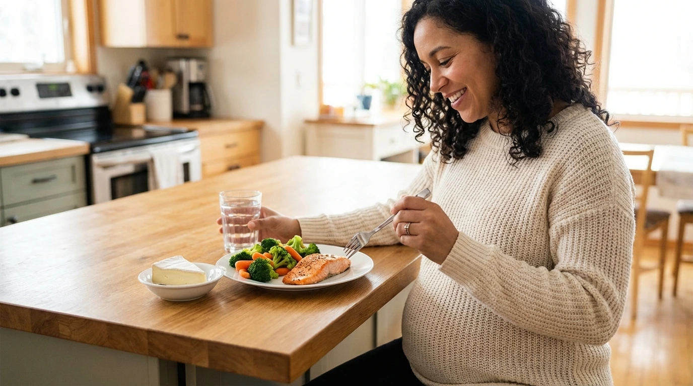 pregnant woman eating a safe meal of cooked salmon steamed vegetables and pasteurized cheese