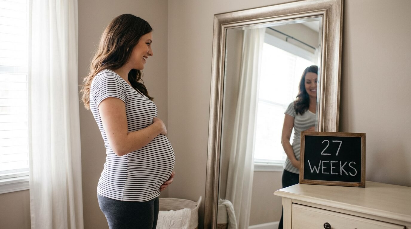 smiling pregnant woman standing sideways in front of a mirror at 27 weeks pregnant