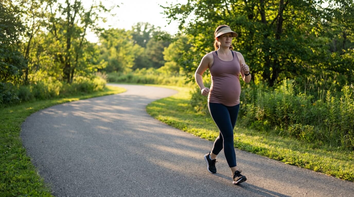 pregnant woman walking on a paved trail with light exercise clothes at 30 weeks