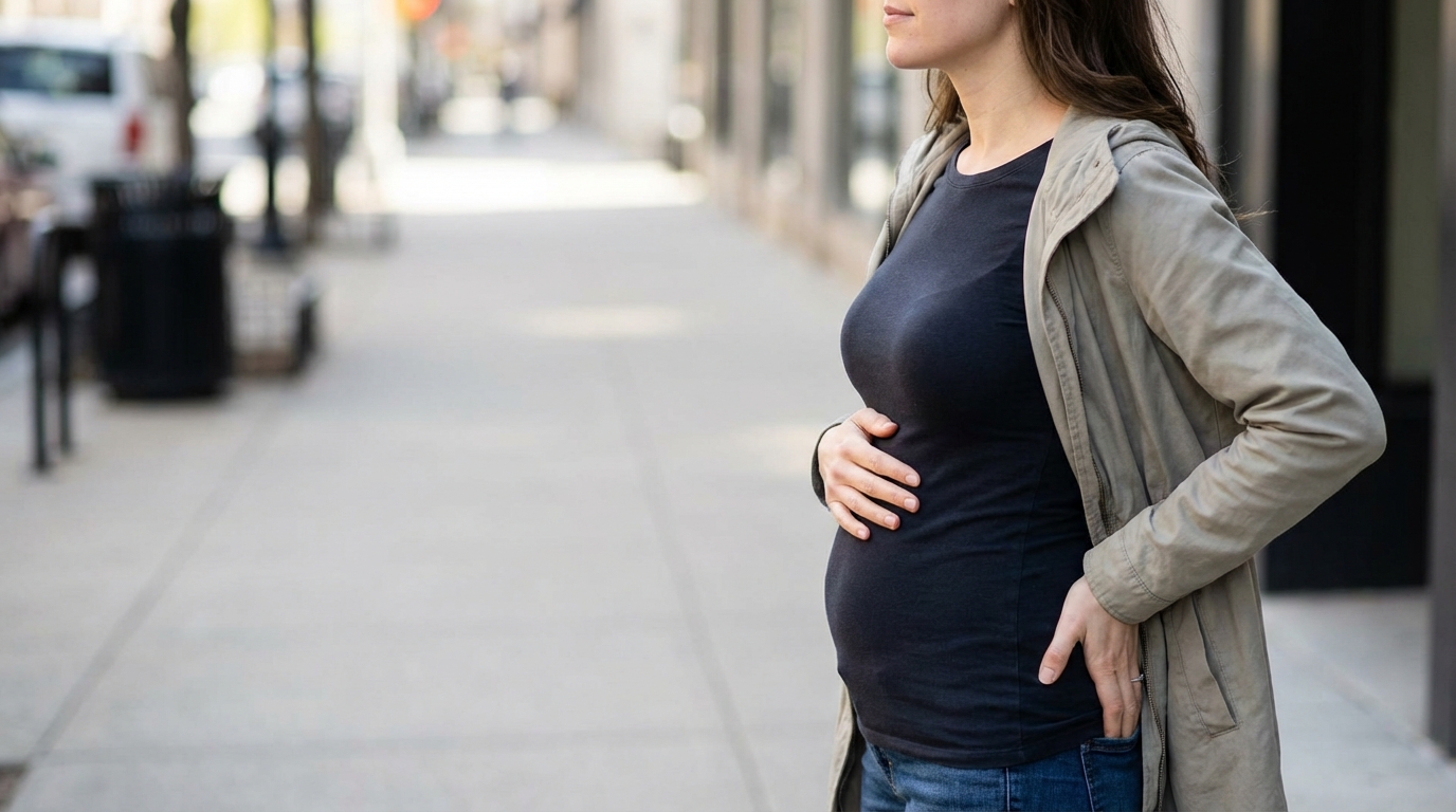 side view of a woman at twelve weeks pregnant with a barely visible baby bump